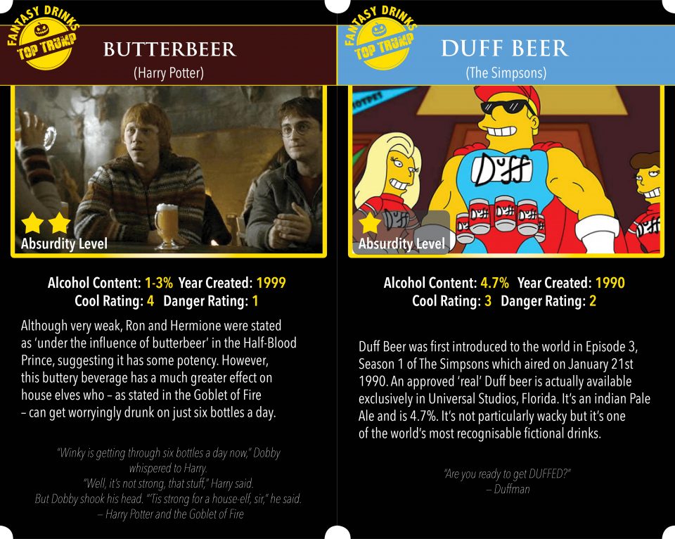 Top Trumps Fantasy Drinks for Halloween ButterBeer and Duff Beer